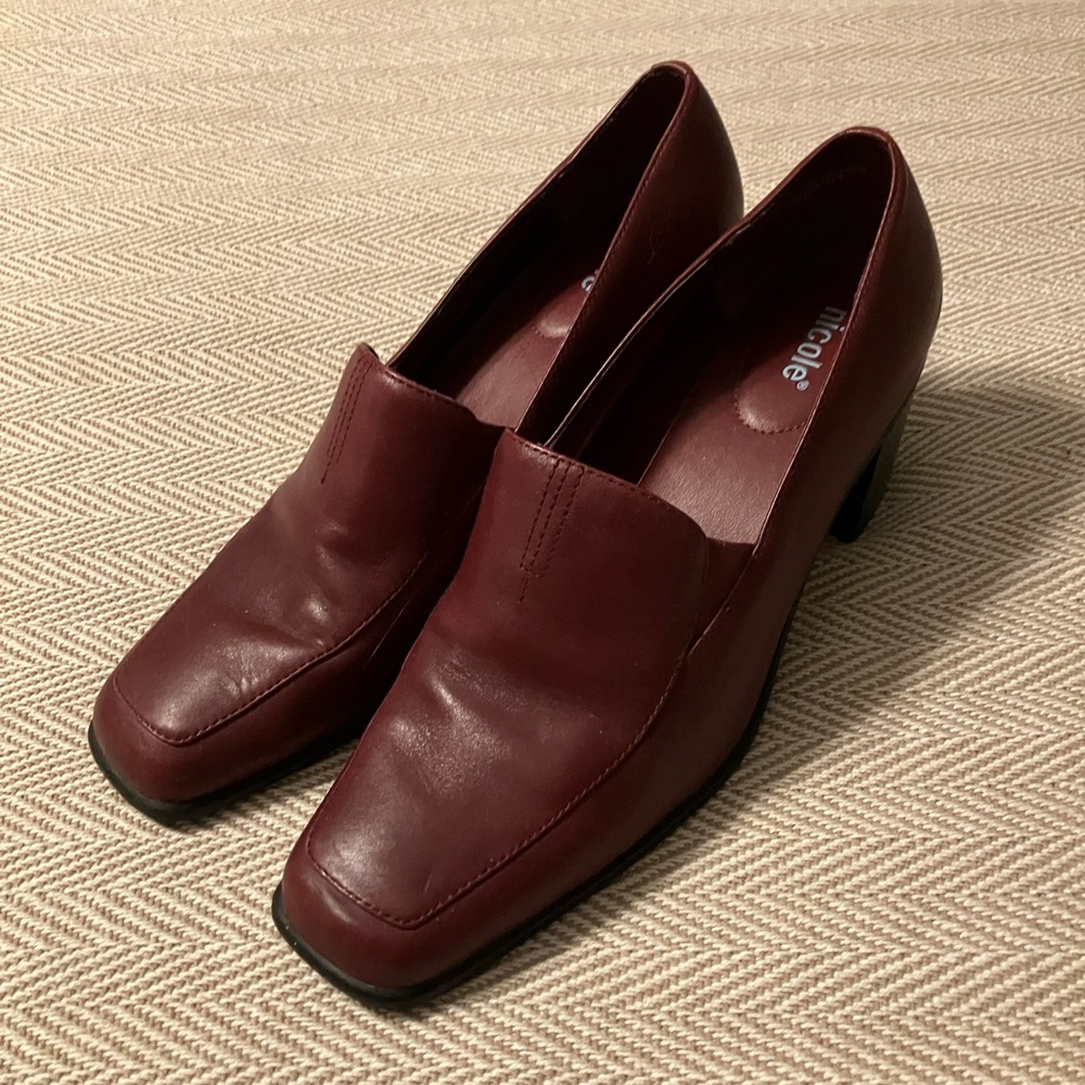 Red leather heels slip on shoes
